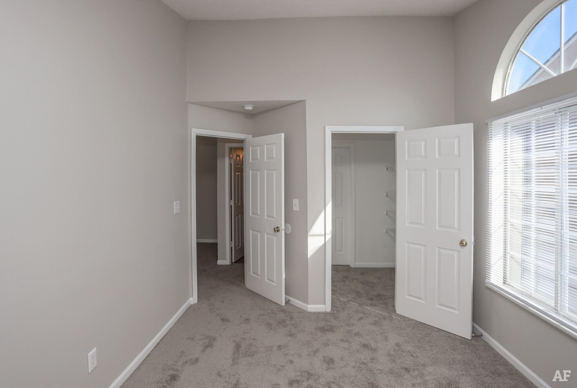 Empty room with gray walls, carpet, and white doors. Sunlight streams through a window.