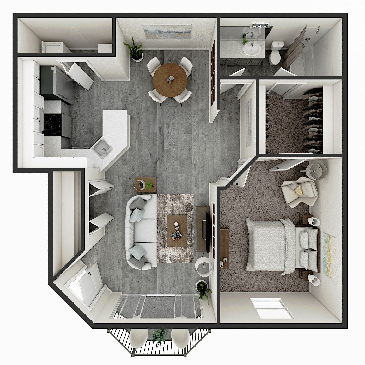 Floor plan of a one-bedroom apartment with kitchen, living, dining, and bedroom areas.
