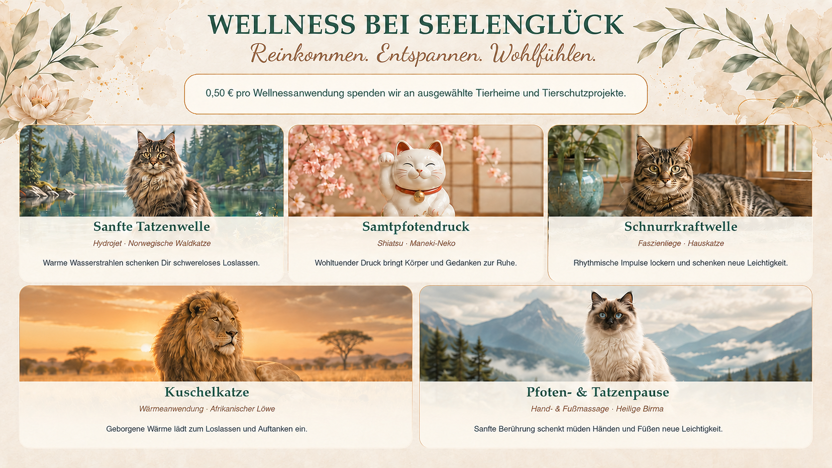 Elegante beige Wellness-Infografik für Katzen, mit fünf Abschnitten und Katzenfotos in einem zarten Blumendesign