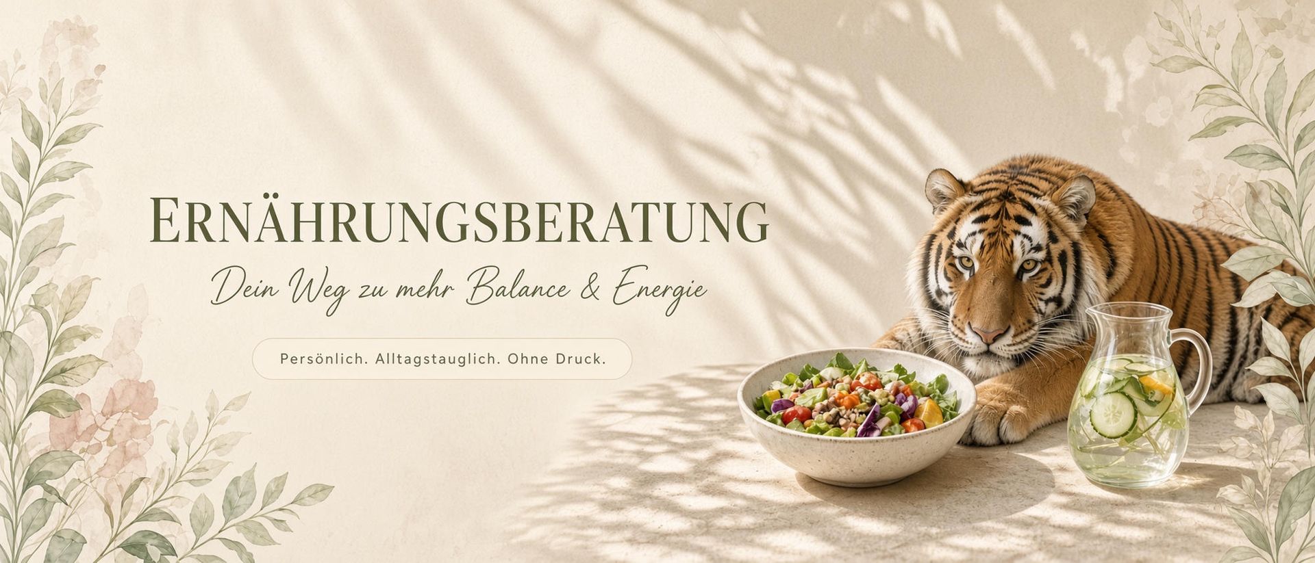 Flyer für deutsche Tiernahrung mit Tiger, Blattmotiven und Kontaktdaten auf beigem Hintergrund