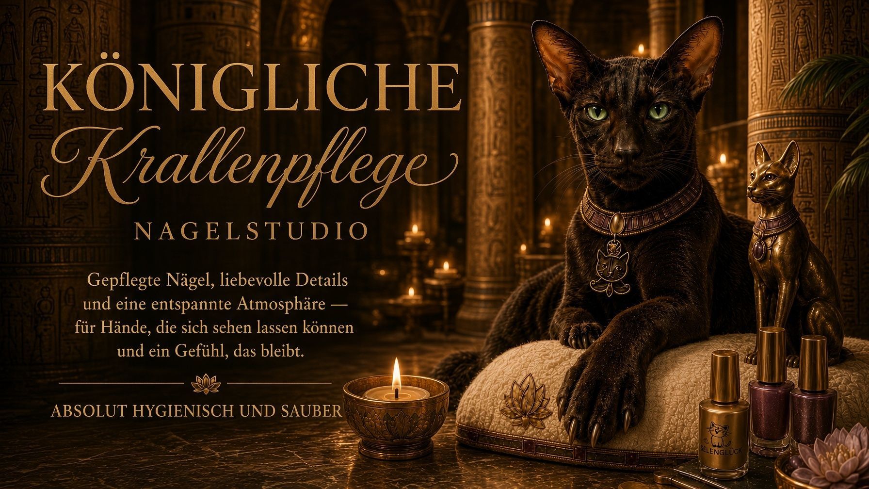 Schwarze Katze auf einem Vintage-Katzenposter mit verschnörkelter Goldschrift und Parfümflakons