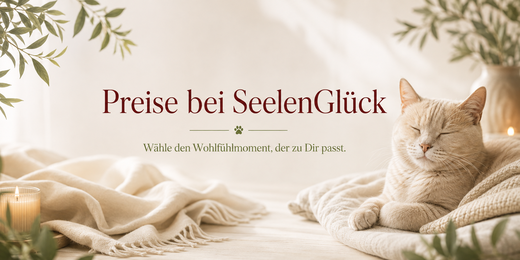 Gemütliche Werbeanzeige mit Katzenmotiven, Kerzen, Blättern, Symbolen für die Haustierpflege und einer ruhenden cremefarbenen Katze neben deutschem Text.