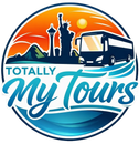 Totally My Tours logo with bus, skyline, mountain, sun, and blue wave design