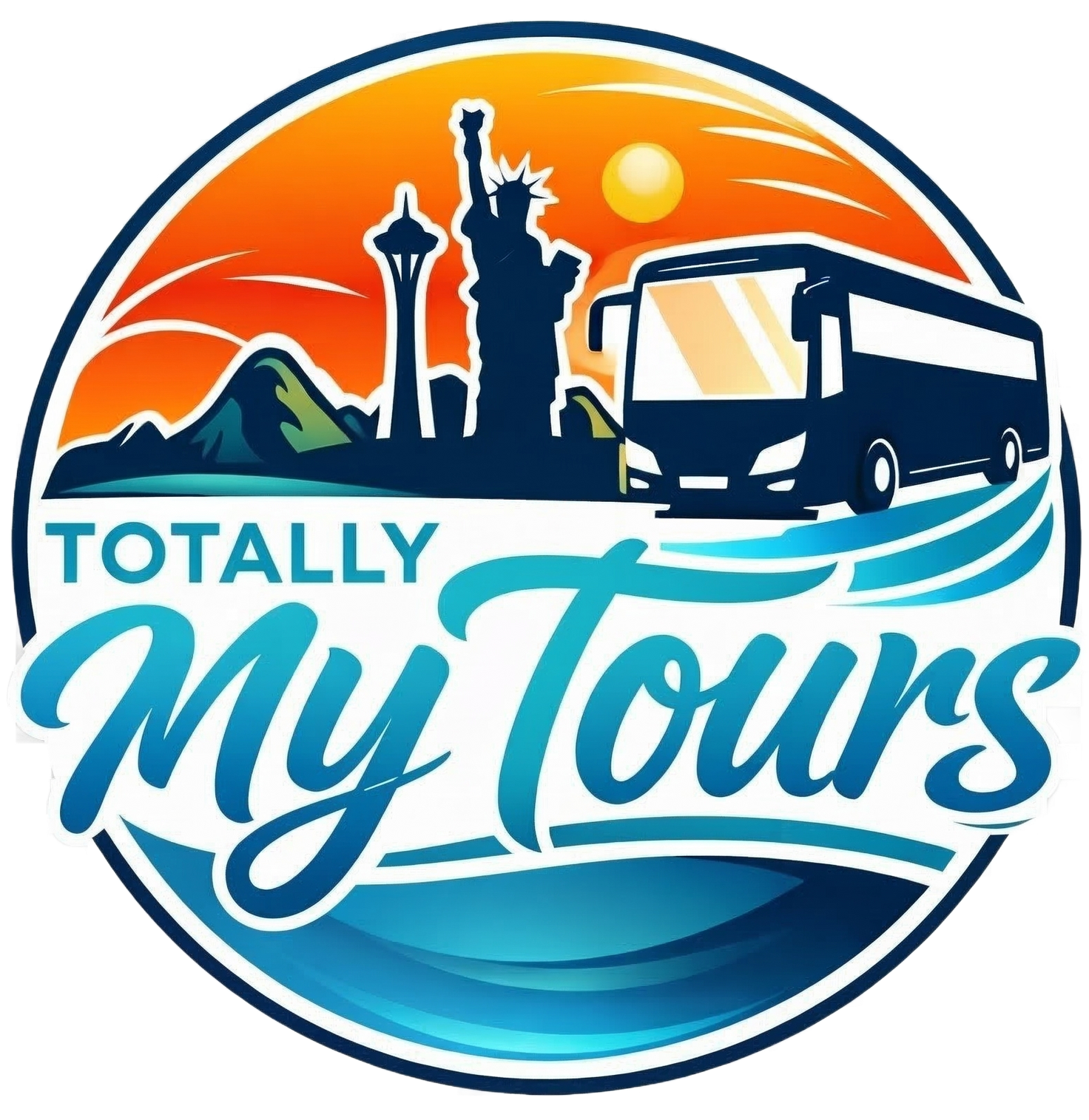 Totally My Tours logo with bus, skyline, mountain, sun, and blue wave design