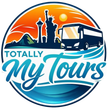 Totally My Tours logo with orange sky, blue waves, skyline, and a bus