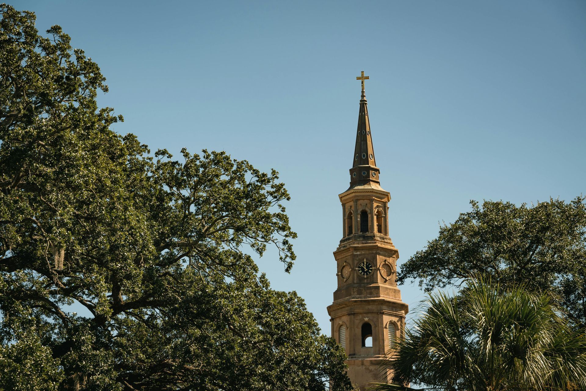 Tall church steeple rising above green trees under a clear blue sky