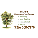 Logo for Eddie's Mulching and Tree Removal. Features a tree illustration, services listed, and phone number.