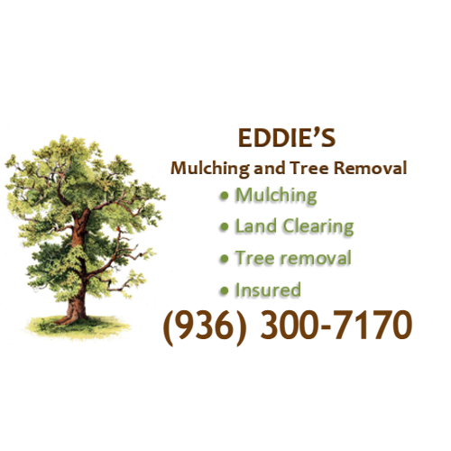 Logo for Eddie's Mulching and Tree Removal, with tree illustration and contact info.