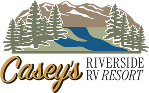 Casey's Riverside RV Resort logo: trees, river, mountains, and a stylized cursive 