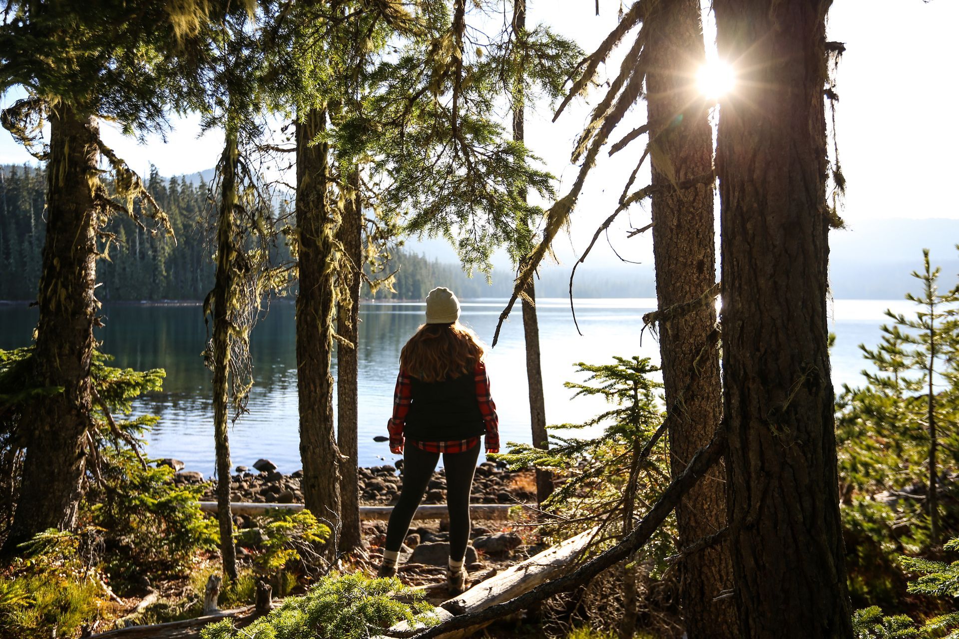 Person standing by a lake in a sunlit forest, with tall trees and reflections on the water.