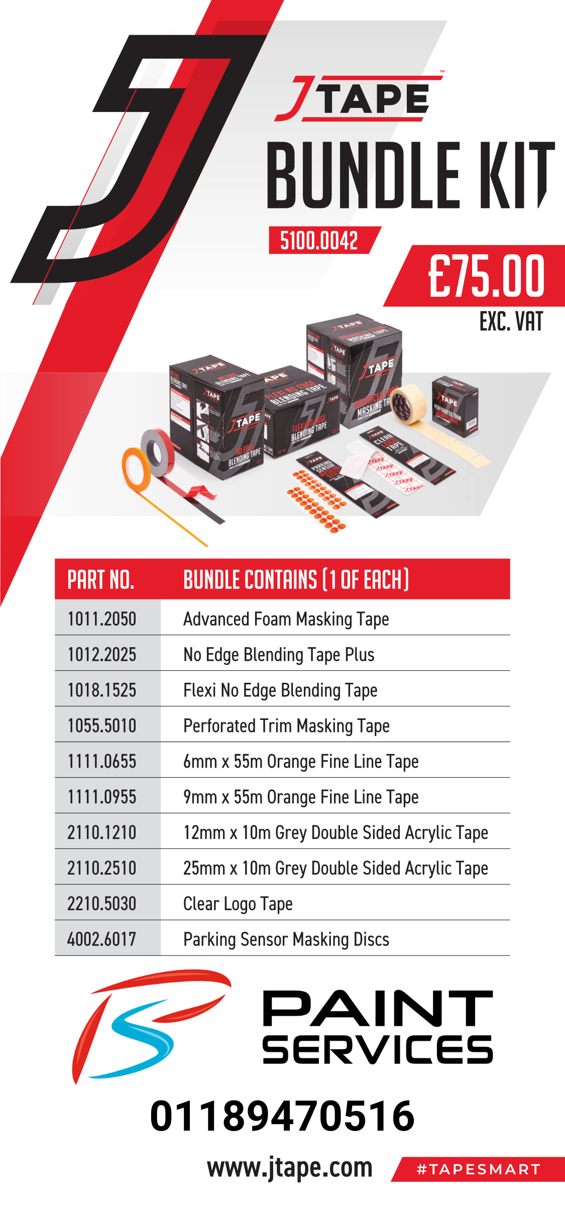 J Tape Bundle Kit poster with paint service logo, red/black text, and product bundle details with a £75.00 price.