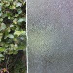 A close up of a frosted glass window with a plant in the background.