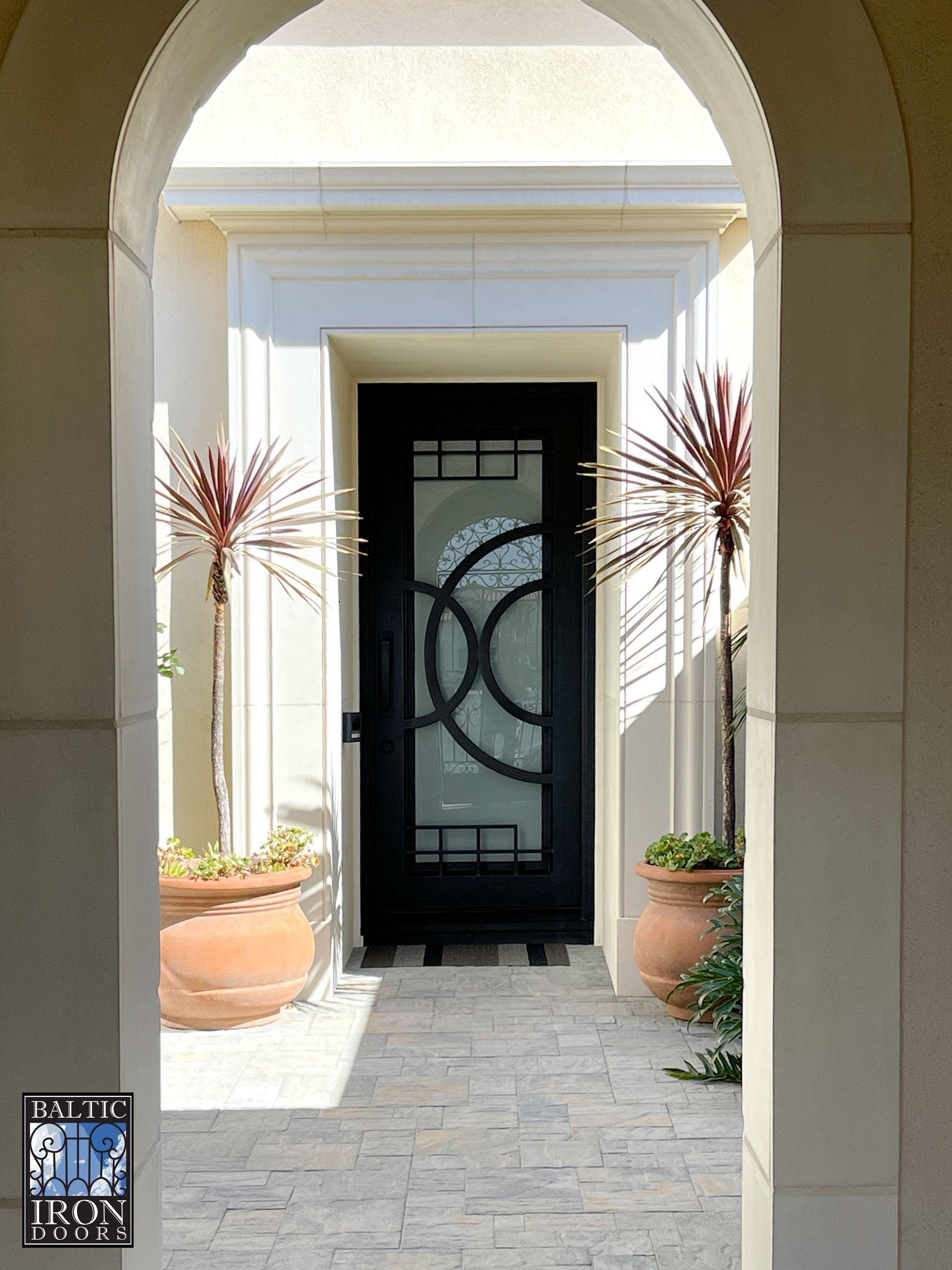 A black door with a glass panel is surrounded by potted plants