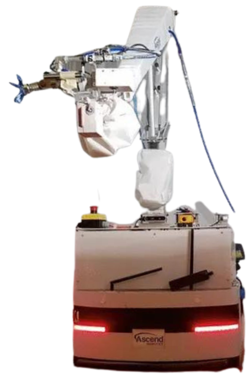 A white vehicle with a robotic arm attached to it