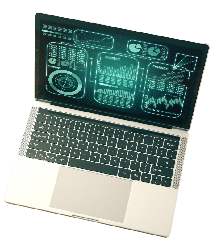 A laptop computer is open to a screen with graphs on it.