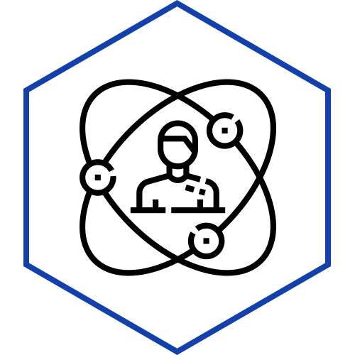 An icon of a person surrounded by atoms in a blue hexagon.