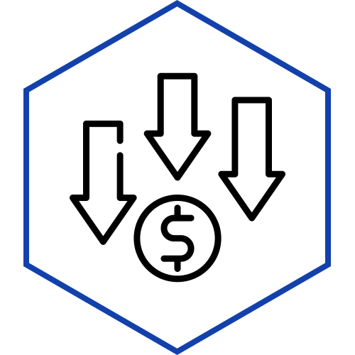 Three arrows pointing down and a dollar sign in a hexagon.