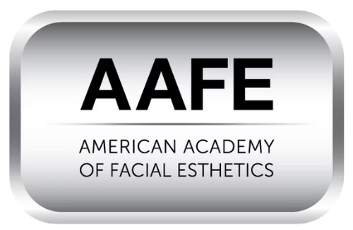 AAFE logo with the words American Academy of Facial Esthetics on a silver rounded plaque