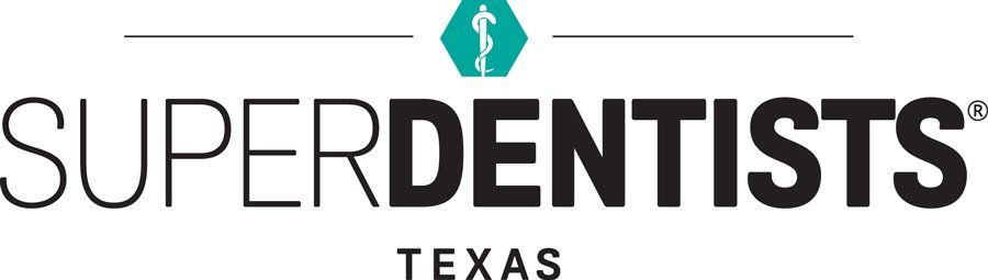 Super Dentists Texas logo with black text and a teal tooth icon