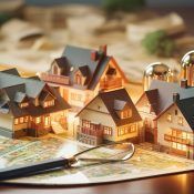 A model of a house is sitting on top of a map on a table.