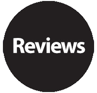 The word reviews is written in white on a black circle.