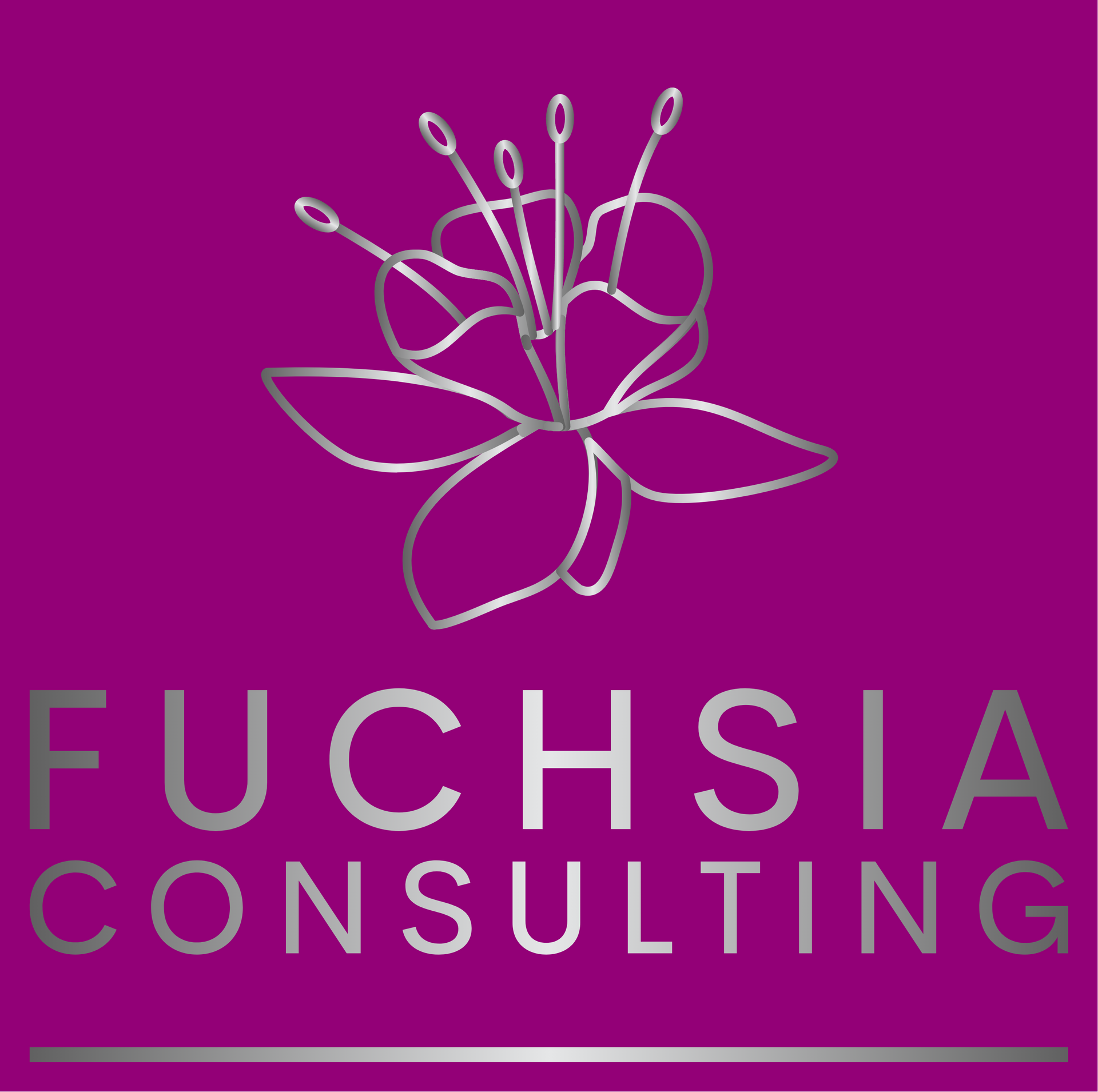 Pink logo with a silver fuchsia flower and text:
