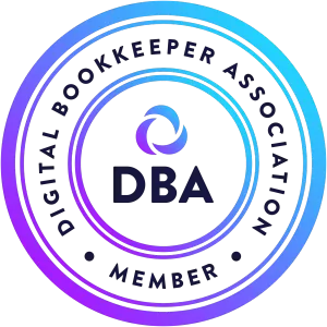 A digital bookkeeper association member seal with a blue and purple gradient.