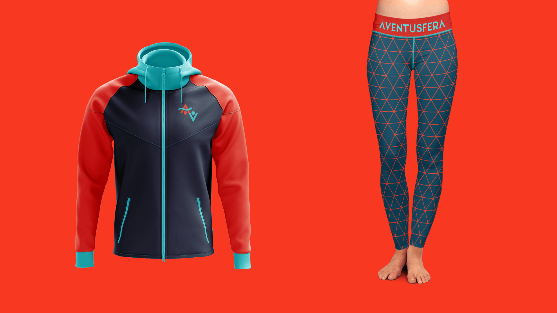Um casaco de moletom esportivo azul-marinho e vermelho com detalhes em verde-água, exibido ao lado de uma calça legging azul-marinho estampada combinando.