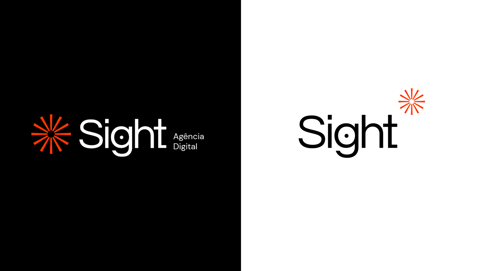 Duas versões do logotipo da Sight: Fundo preto com texto branco e detalhes em laranja; Fundo branco com texto preto e detalhes em laranja.