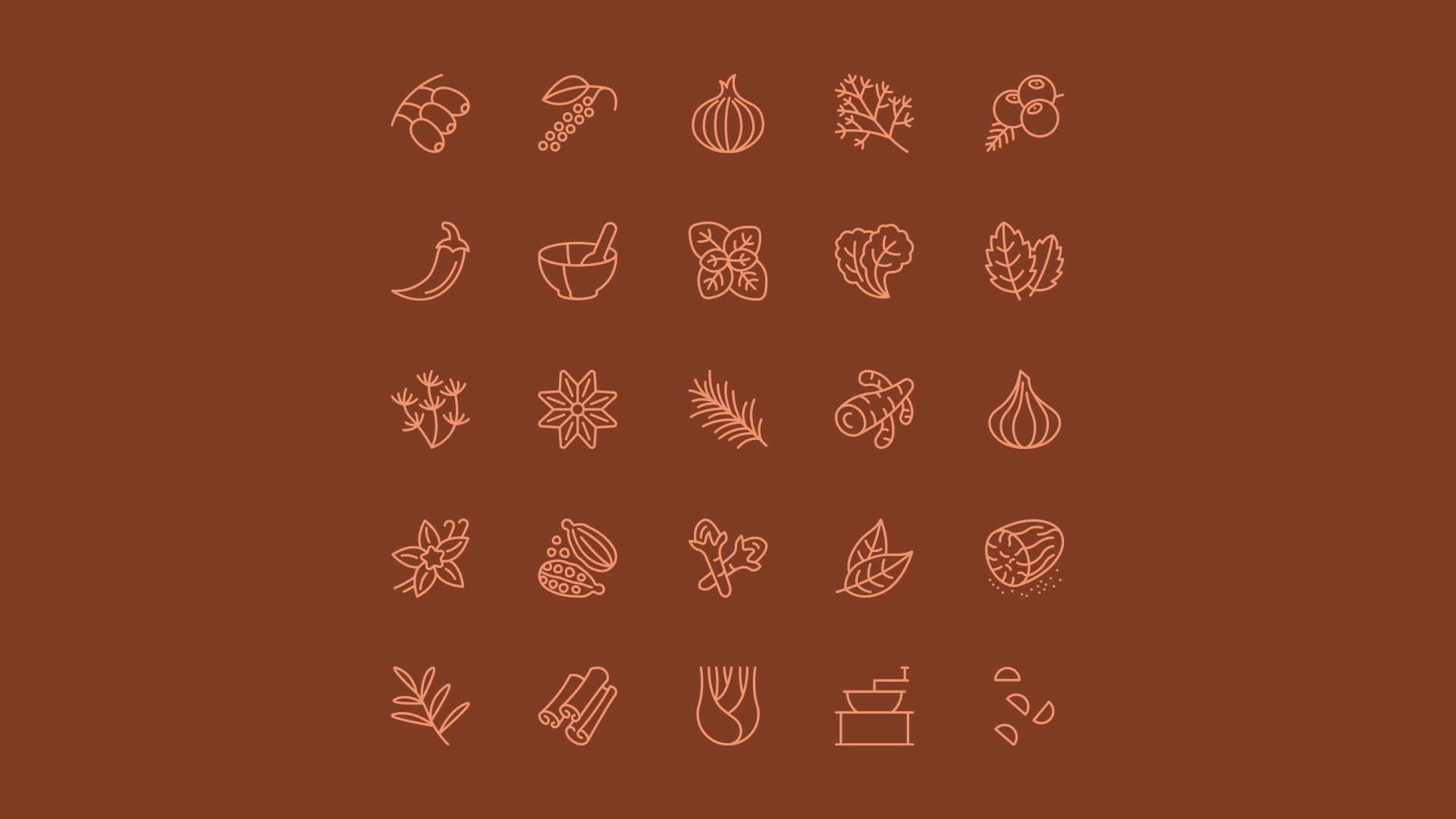 Coleção de ícones de especiarias e ervas desenhados em linhas, incluindo cravo, canela em pau e alho, em um fundo marrom.