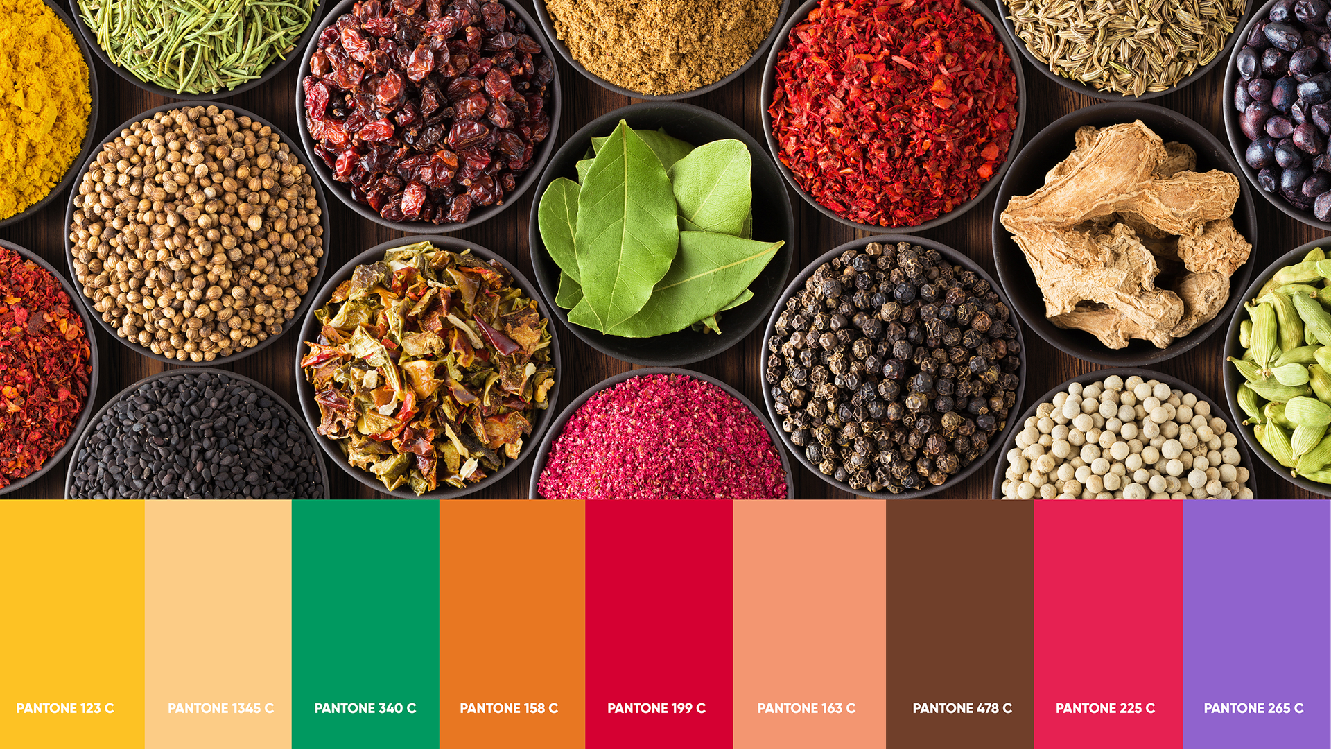 Variedade de temperos coloridos em pequenas tigelas, incluindo amarelo, vermelho, verde, marrom e roxo, com uma paleta de cores abaixo.