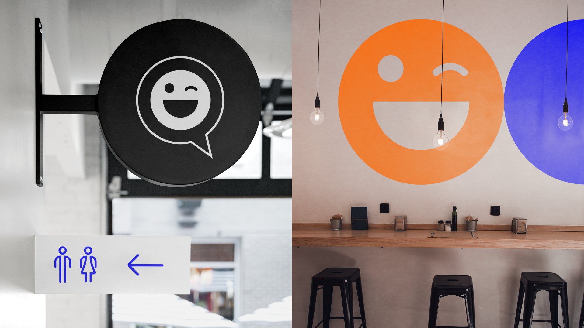 Placa com emoji piscando e ícones de banheiro; parede com rostos sorridentes laranja e azul, assentos de bar.