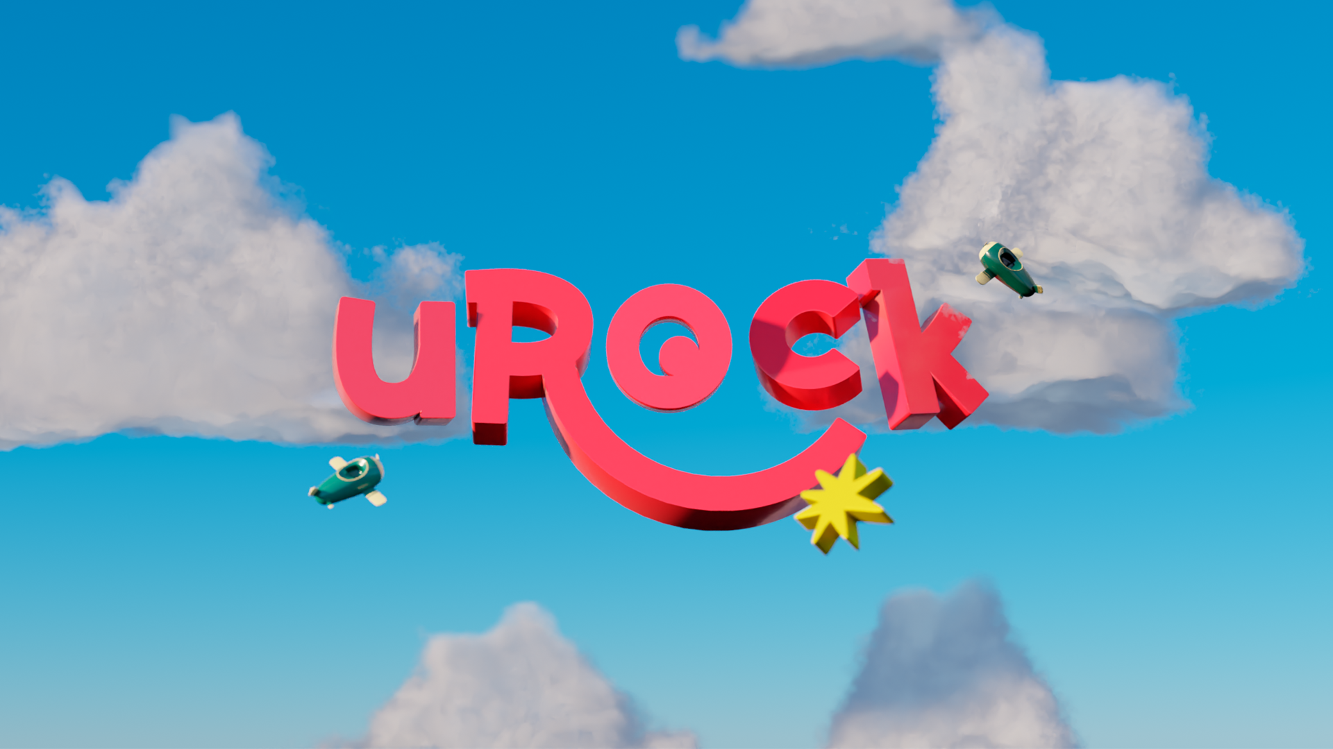 A palavra urock está flutuando no céu cercada por nuvens.