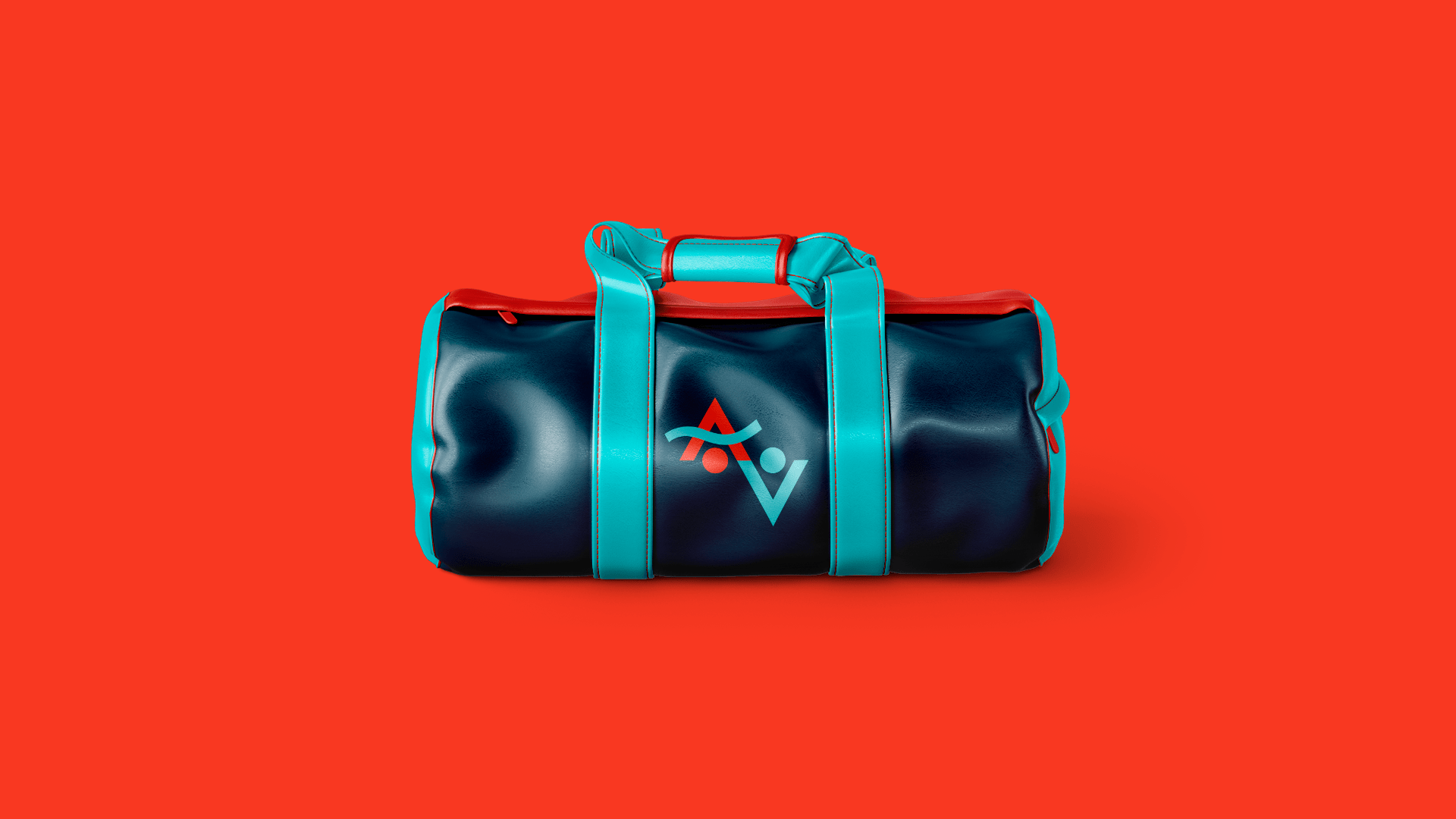 Uma mala de viagem azul-escura com alças verde-água e zíper vermelho se destaca contra um fundo vermelho vibrante.