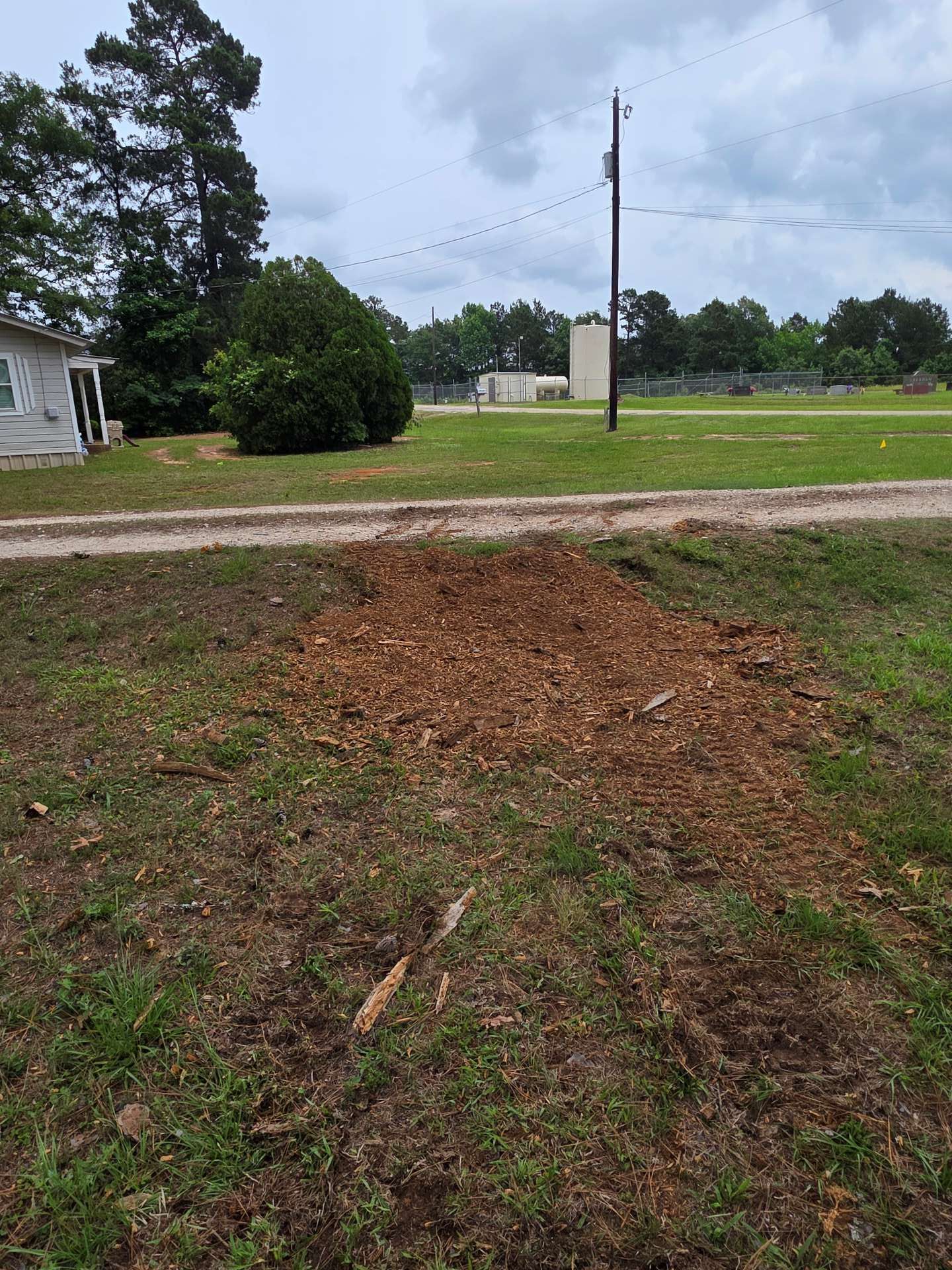 Fresh dirt mound beside a rural road, with grass, a utility pole, and cloudy sky in the background