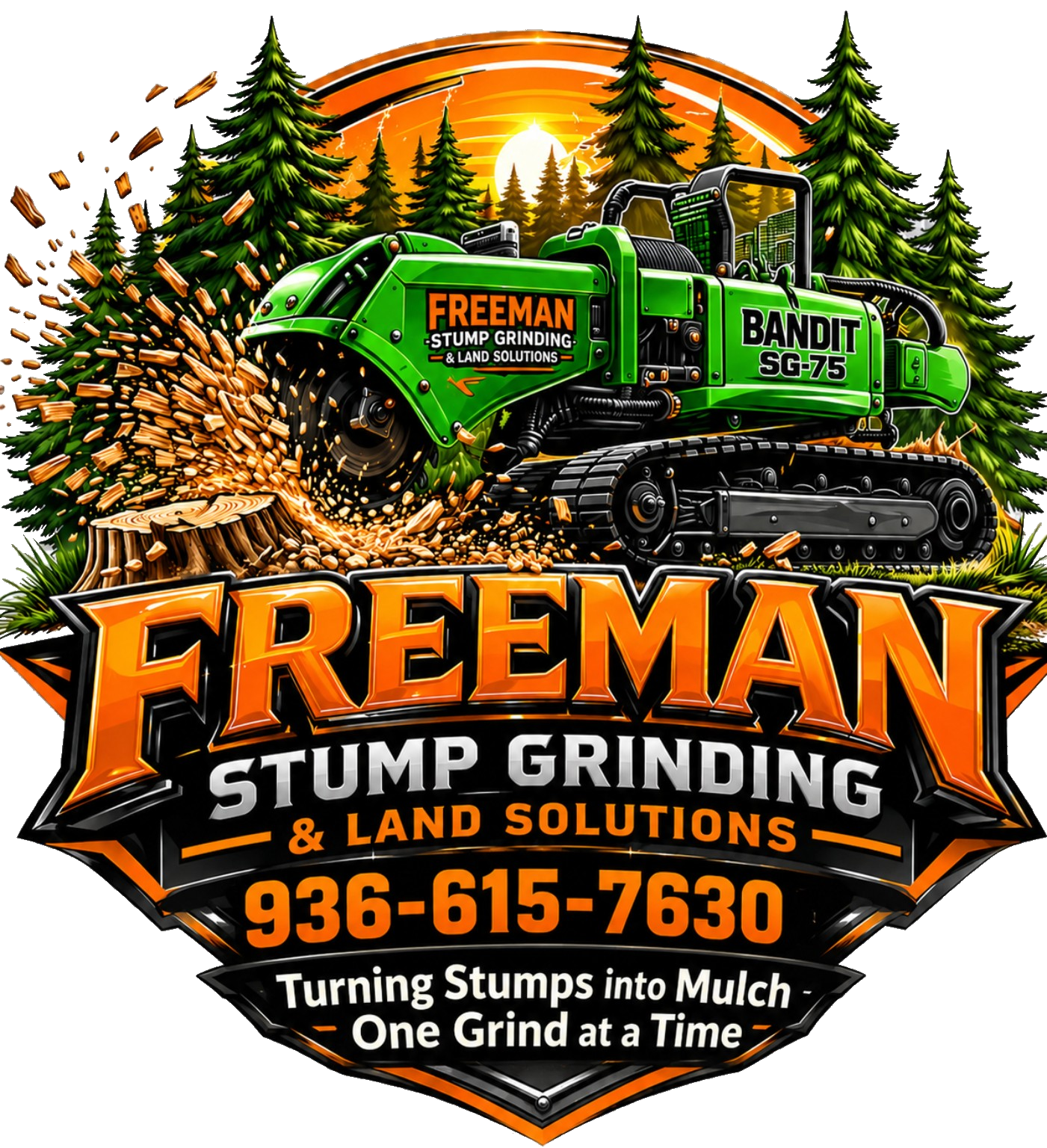 Freeman Stump Grinding logo with green skid steer, orange sunset, and phone number 936-615-7630