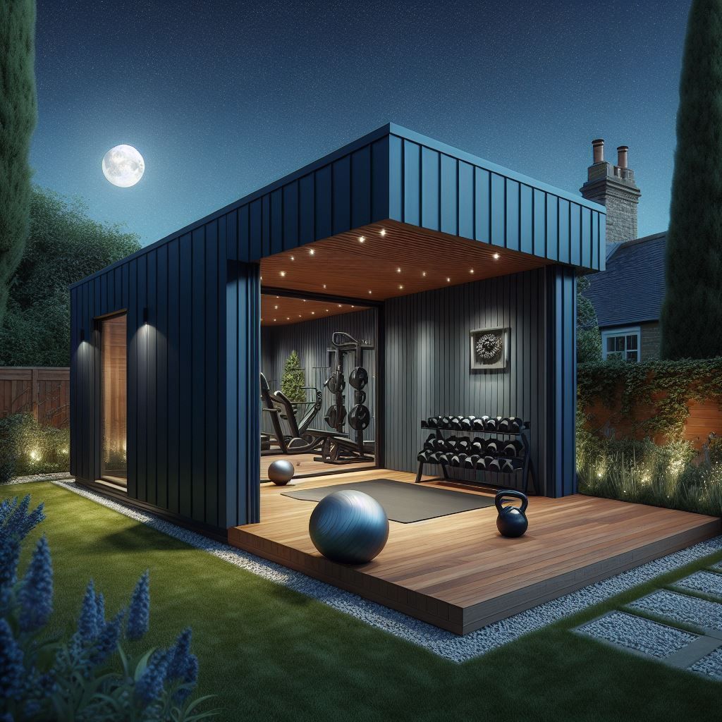Garden room in blue composite used as an area for exercise