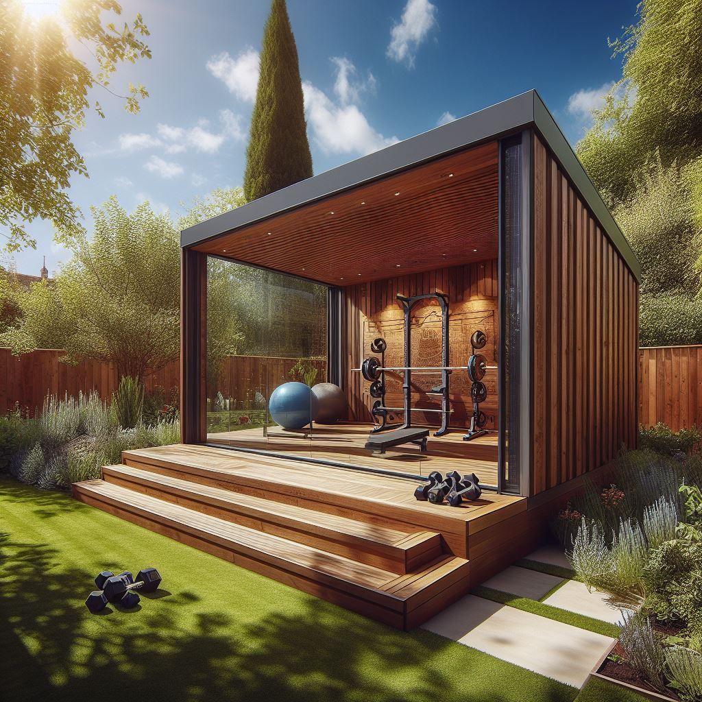 Modern wooden garage room with gym equipment
