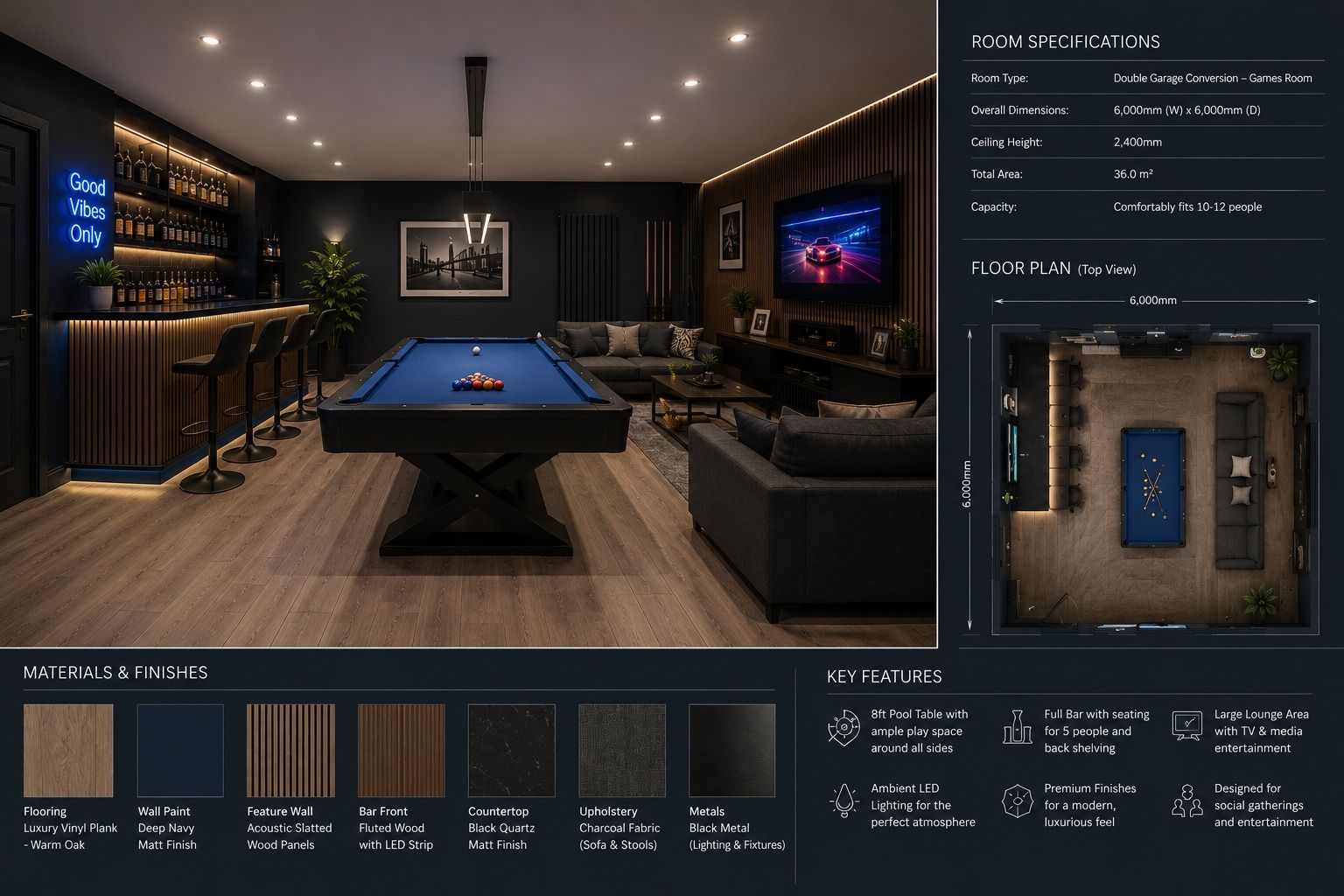 Ultra-realistic double garage conversion into a modern games room with pool table, bar area, seating and ambient lighting
