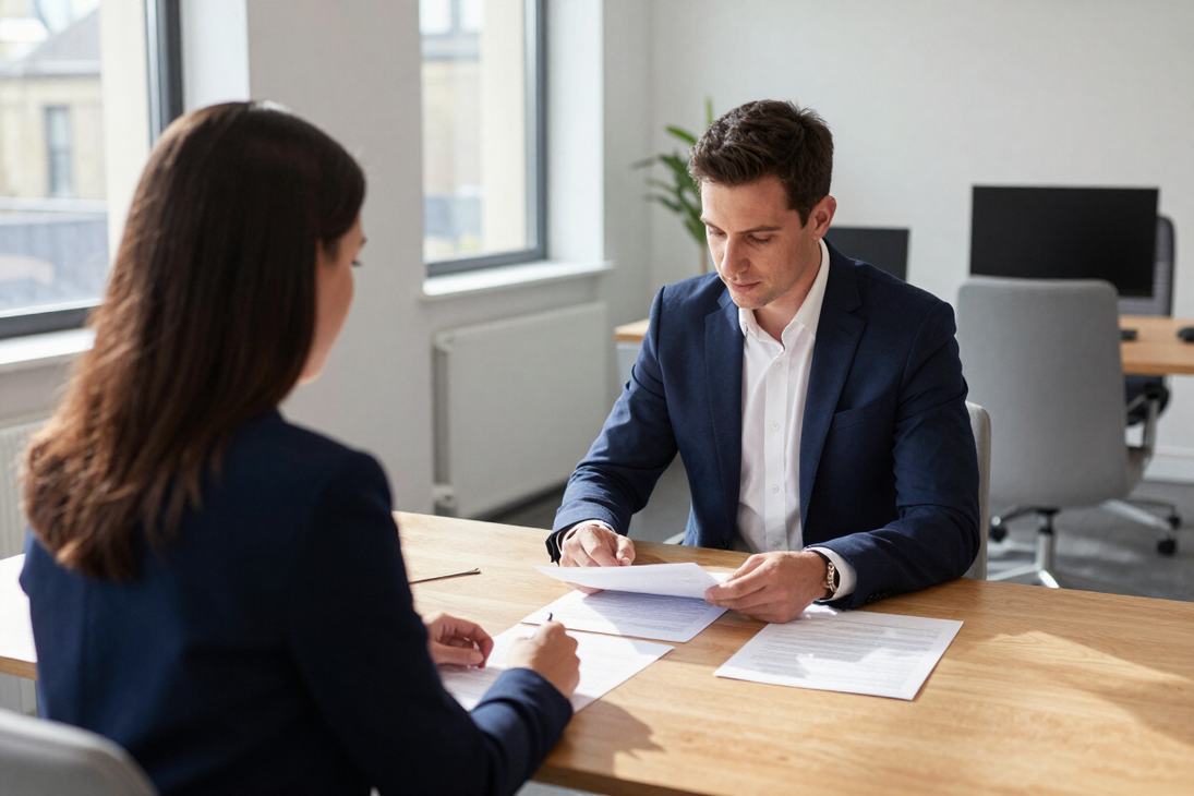 Property consultant reviewing documents with a client in a London office