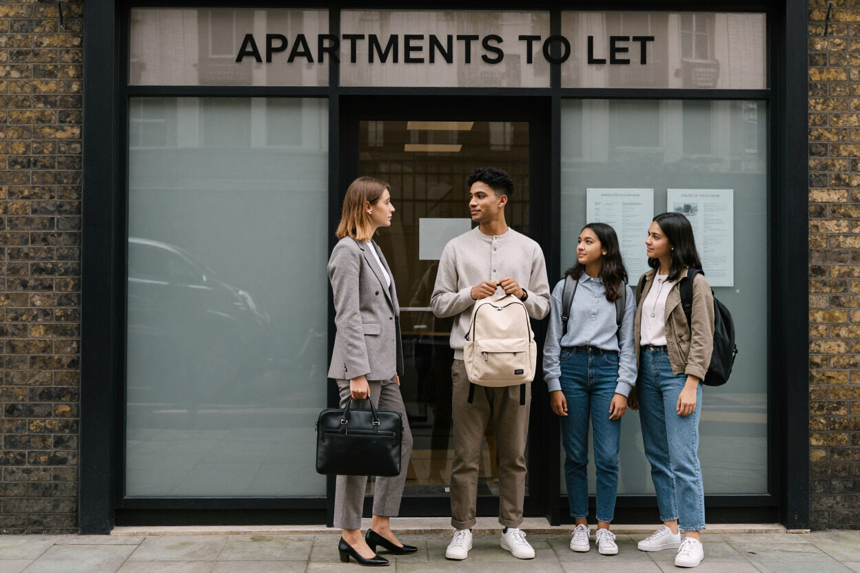 Working professionals, students, and families outside a London letting agency