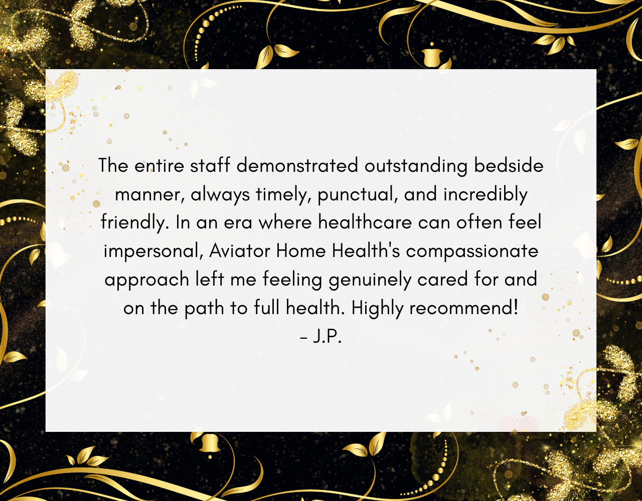 Aviator Home Health patient review describing exceptional home health care, skilled nurses, and outstanding in-home support