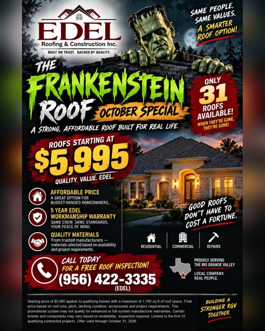 Edel Roofing Frankenstein Roof October Special flyer