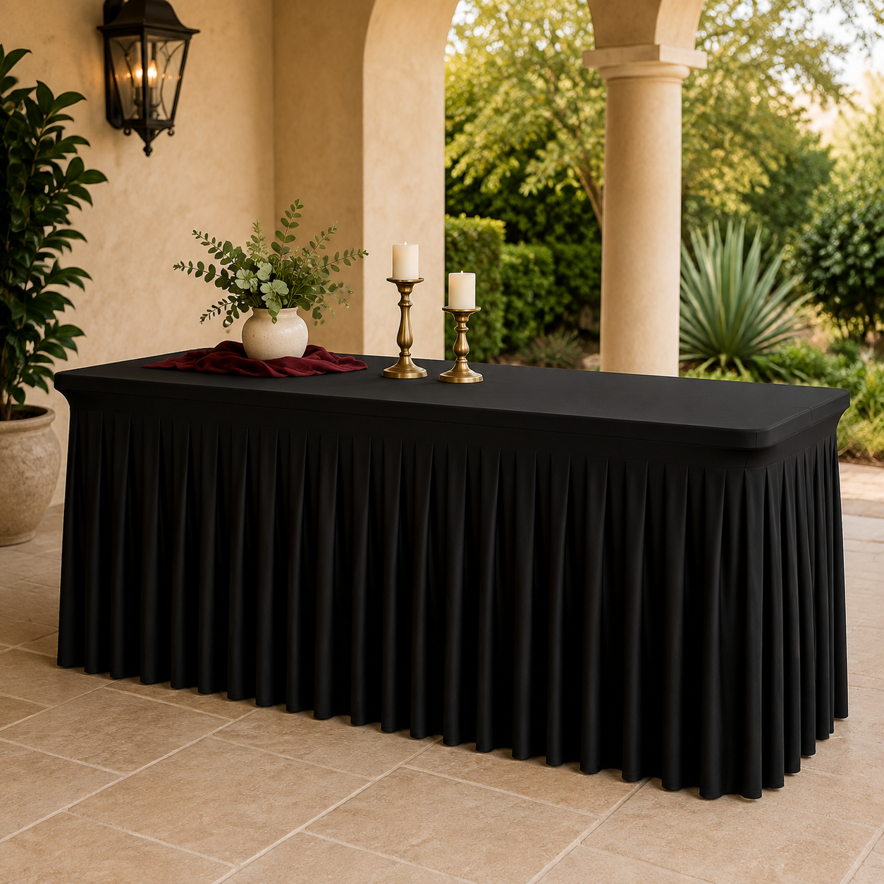 8-Foot Black Pleated-Skirt Table Cover