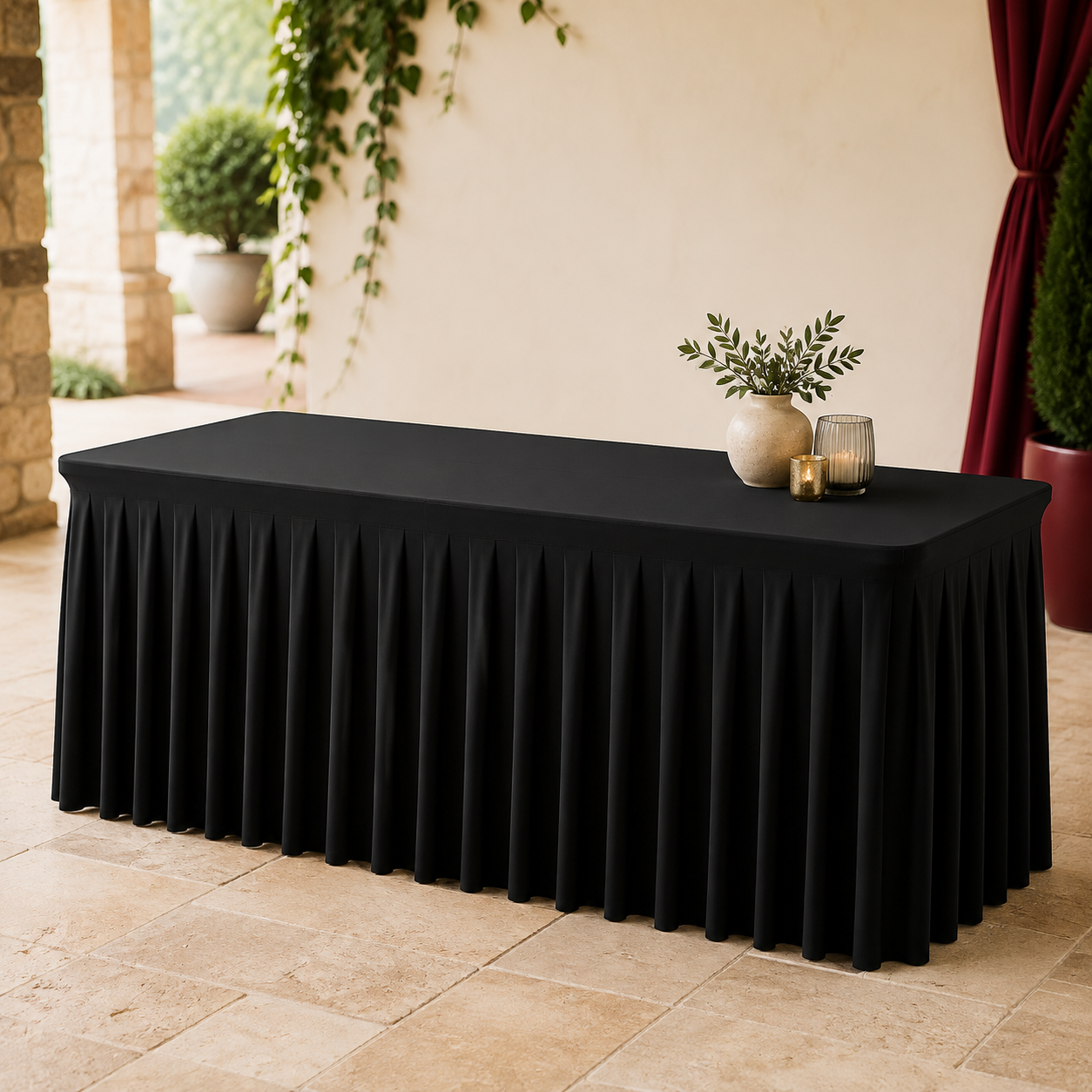 6-Foot Black Pleated-Skirt Table Cover