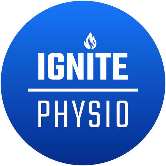 Blue circular logo with white flame icon and text “IGNITE PHYSIO” separated by a line