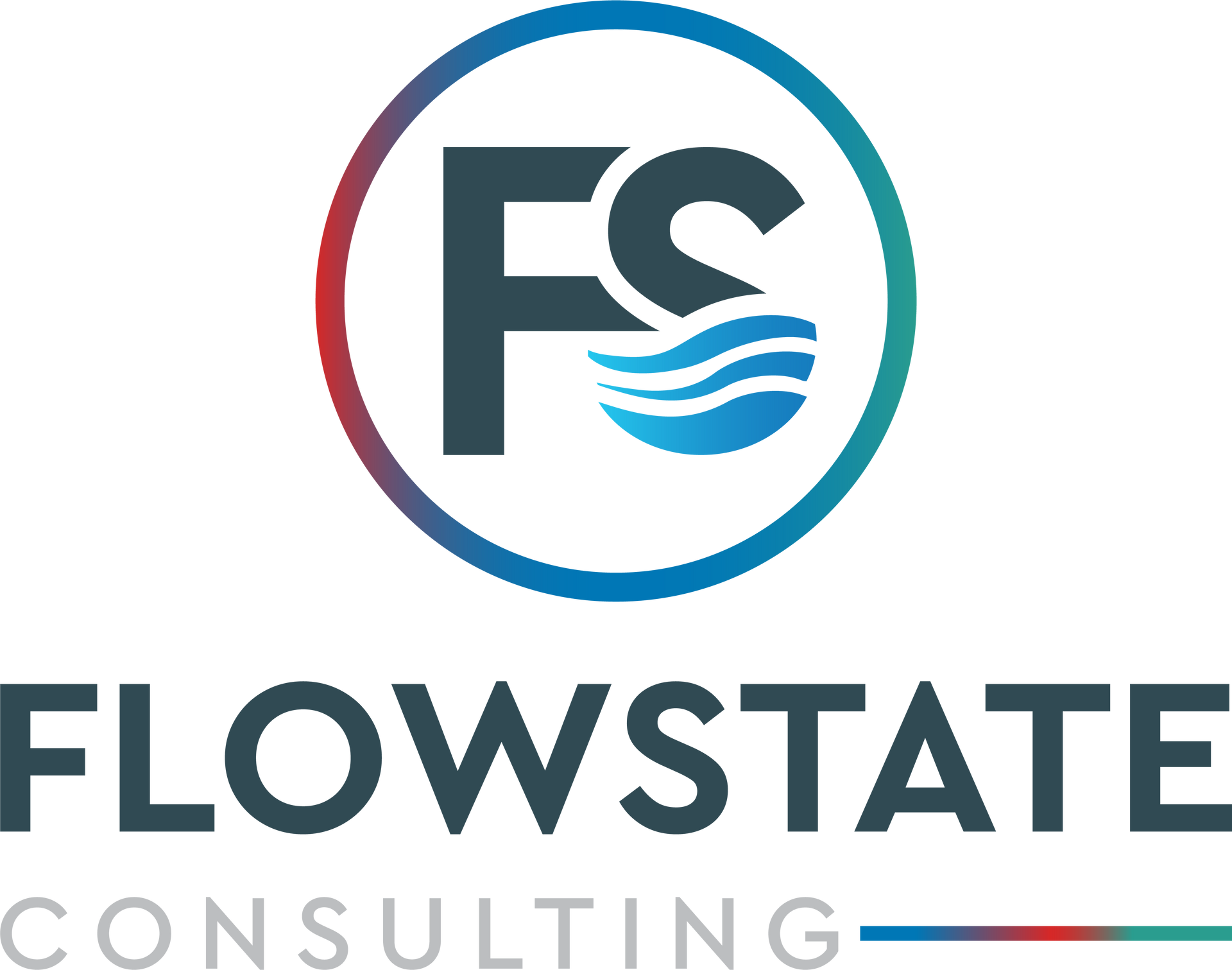 FLOWSTATE CONSULTING logo with blue and red circular icon and stylized FC letters over waves