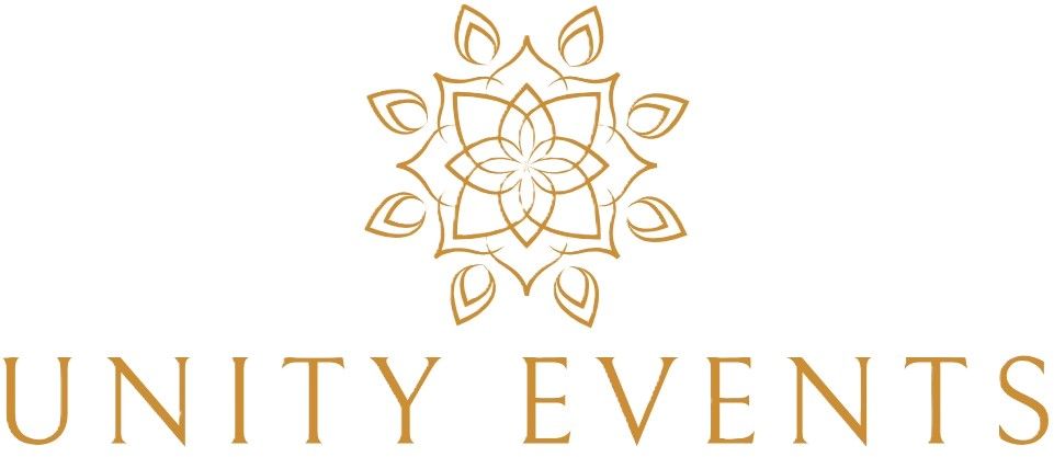 Gold floral logo with the text “UNITY EVENTS” on a white background