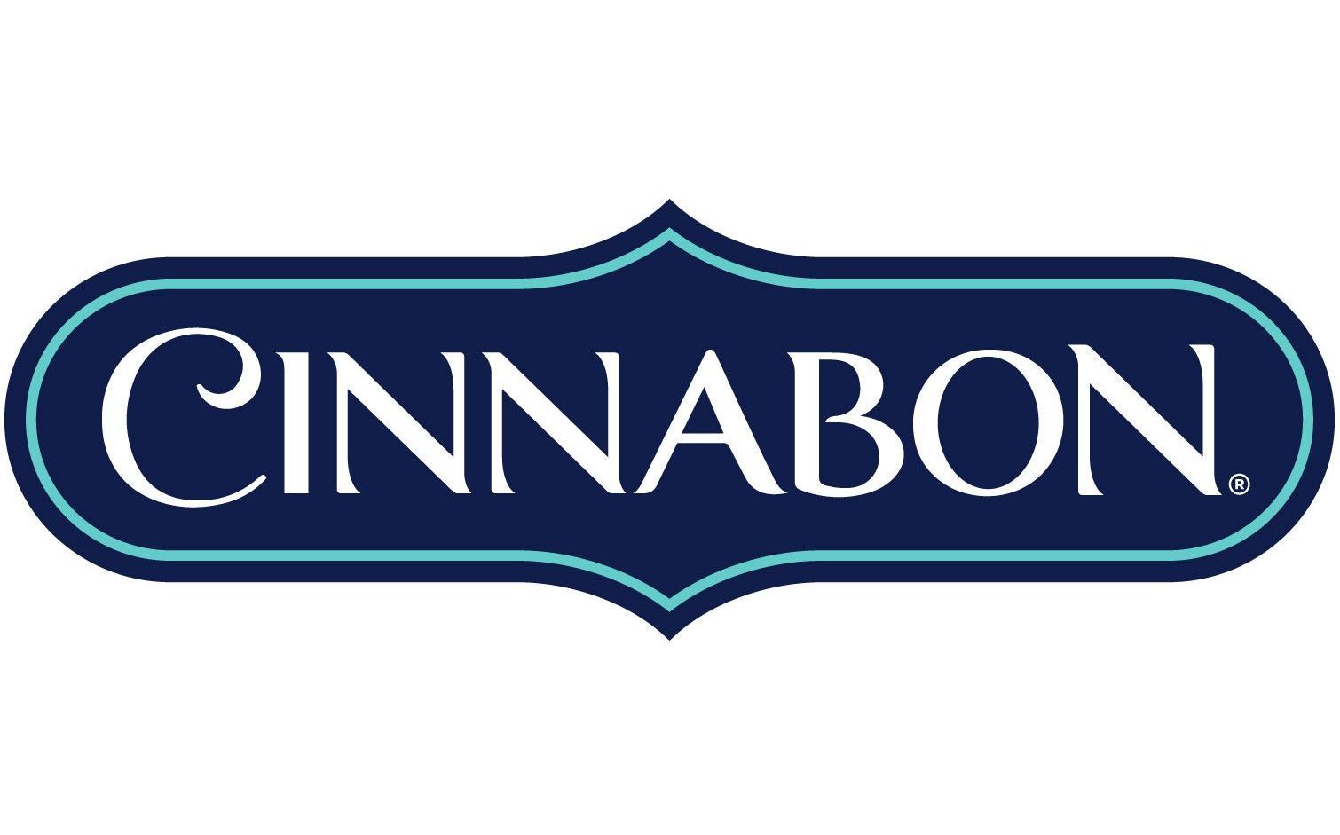 Cinnabon logo in white script on a dark blue rounded sign
