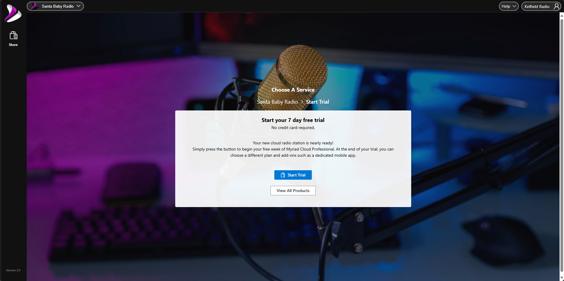 A white pop-up window with text on a blurred background of a microphone and desk setup. Start free trial.